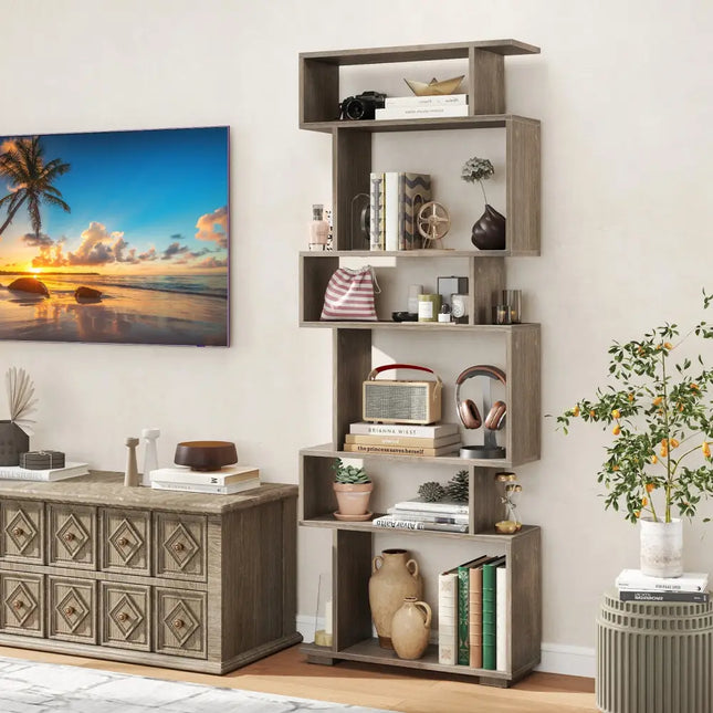 6-Tier Geometric Bookshelf with 2 Anti-Tipping Kits for Home Office-Oak - Oak - Bookcases