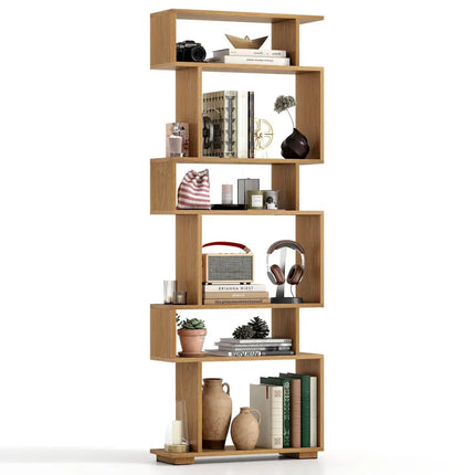 6-Tier Geometric Bookshelf with 2 Anti-Tipping Kits for Home Office-NA - Natural - Bookcases