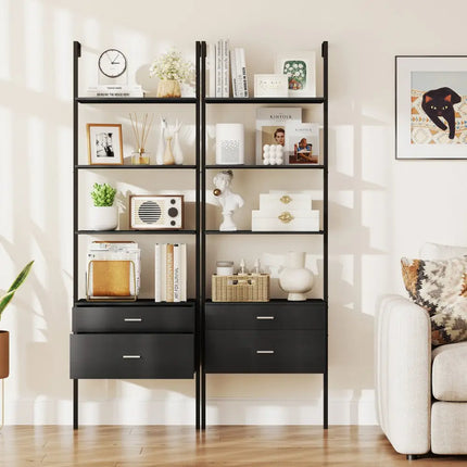 6-Tier Ladder Bookcase with 2 Drawers and Metal Frame-Black - Black - Bookcases