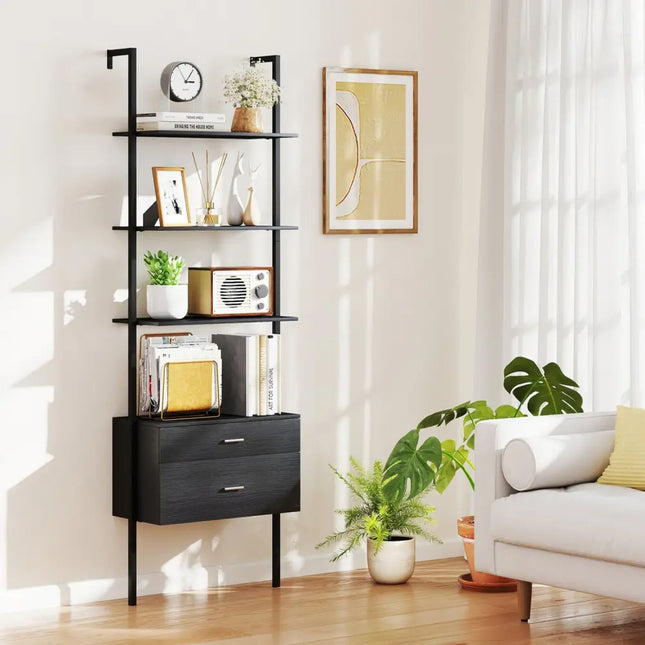 6-Tier Ladder Bookcase with 2 Drawers and Metal Frame-Black - Black - Bookcases