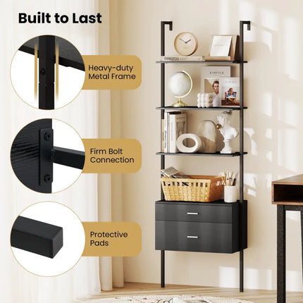 6-Tier Ladder Bookcase with 2 Drawers and Metal Frame-Black - Black - Bookcases