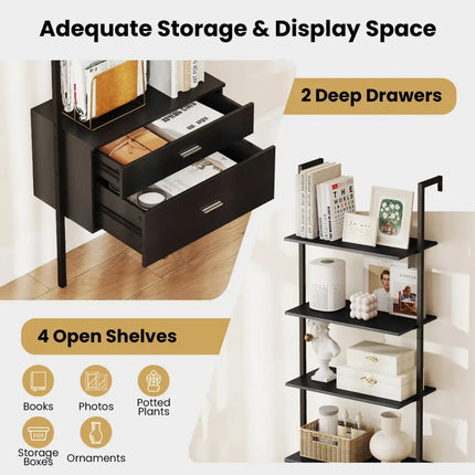 6-Tier Ladder Bookcase with 2 Drawers and Metal Frame-Black - Black - Bookcases