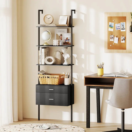 6-Tier Ladder Bookcase with 2 Drawers and Metal Frame-Black - Black - Bookcases