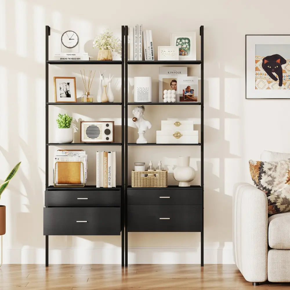 6-Tier Ladder Bookcase with 2 Drawers and Metal Frame-Black - Black - Bookcases