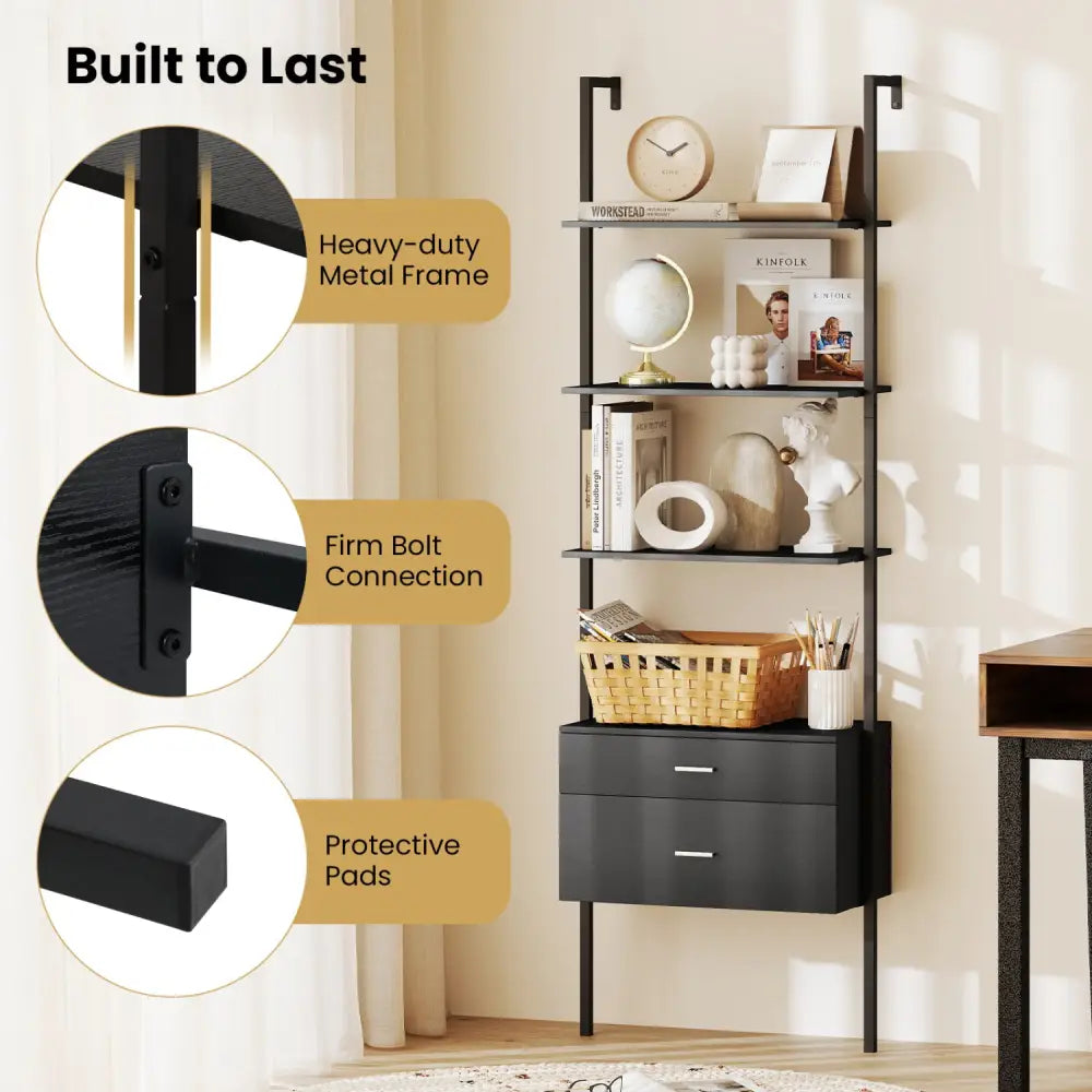 6-Tier Ladder Bookcase with 2 Drawers and Metal Frame-Black - Black - Bookcases