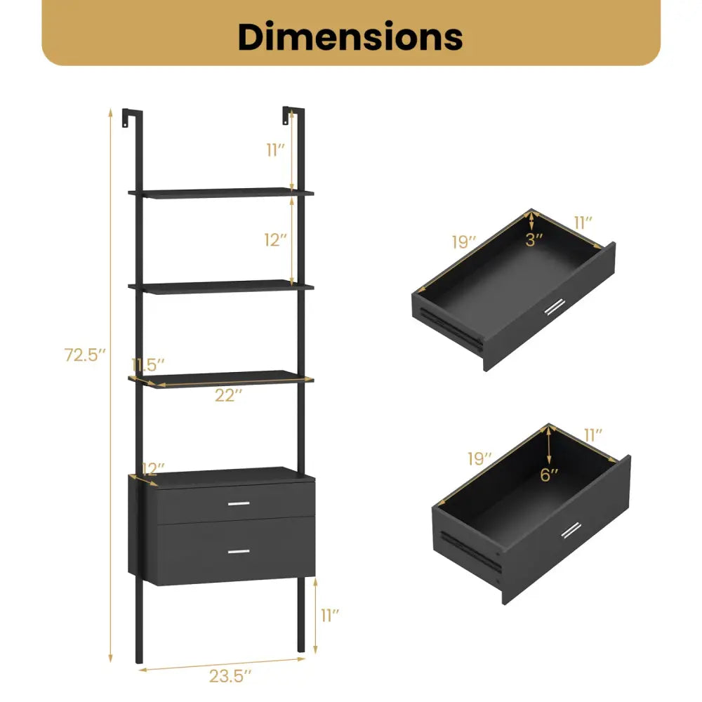 6-Tier Ladder Bookcase with 2 Drawers and Metal Frame-Black - Black - Bookcases