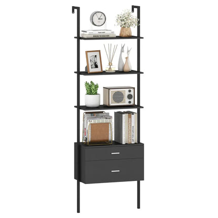 6-Tier Ladder Bookcase with 2 Drawers and Metal Frame-Black - Black - Bookcases