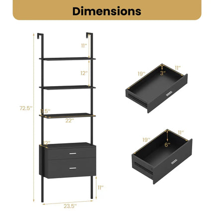 6-Tier Ladder Bookcase with 2 Drawers and Metal Frame-Black - Black - Bookcases