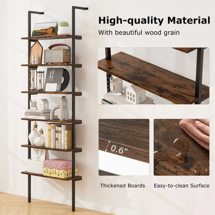 6-tier Ladder Shelf 72 Inches Industrial Wall Mounted Bookshelf-Rustic Brown - Rustic Brown - Bookcases