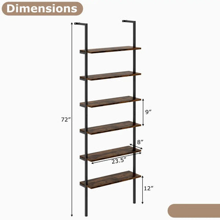 6-tier Ladder Shelf 72 Inches Industrial Wall Mounted Bookshelf-Rustic Brown - Rustic Brown - Bookcases