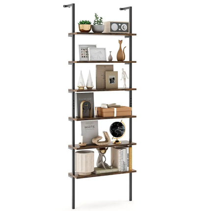 6-tier Ladder Shelf 72 Inches Industrial Wall Mounted Bookshelf-Rustic Brown - Rustic Brown - Bookcases