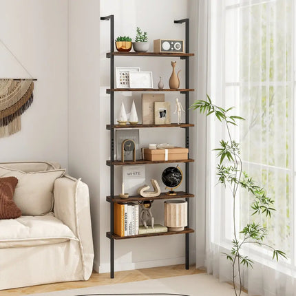 6-tier Ladder Shelf 72 Inches Industrial Wall Mounted Bookshelf-Rustic Brown - Rustic Brown - Bookcases