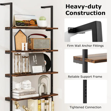 6-tier Ladder Shelf 72 Inches Industrial Wall Mounted Bookshelf-Rustic Brown - Rustic Brown - Bookcases