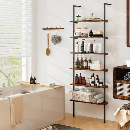6-tier Ladder Shelf 72 Inches Industrial Wall Mounted Bookshelf-Rustic Brown - Rustic Brown - Bookcases