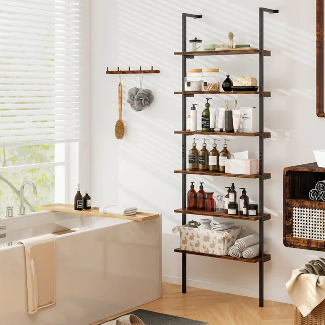 6-tier Ladder Shelf 72 Inches Industrial Wall Mounted Bookshelf-Rustic Brown - Rustic Brown - Bookcases