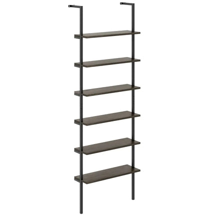 6-tier Ladder Shelf 72 Inches Industrial Wall Mounted Bookshelf-Oak - Gray - Bookcases