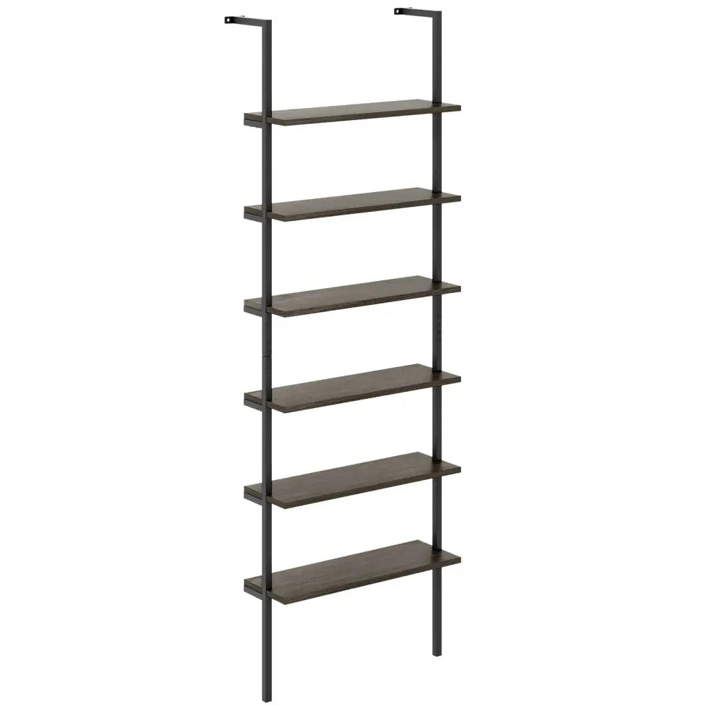 6-tier Ladder Shelf 72 Inches Industrial Wall Mounted Bookshelf-Oak - Gray - Bookcases