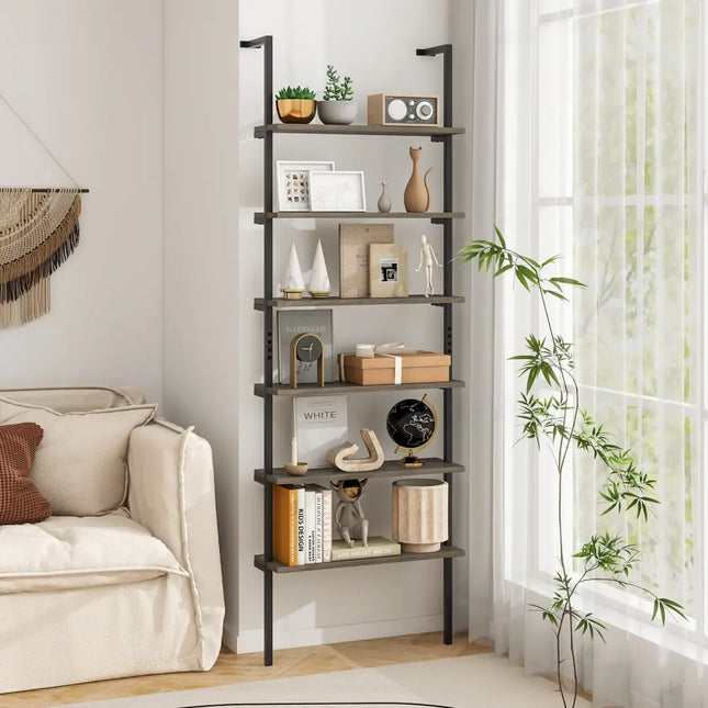 6-tier Ladder Shelf 72 Inches Industrial Wall Mounted Bookshelf-Oak - Gray - Bookcases