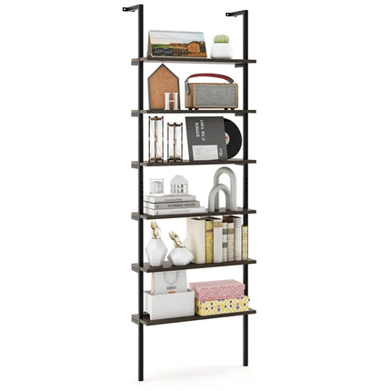 6-tier Ladder Shelf 72 Inches Industrial Wall Mounted Bookshelf-Oak - Gray - Bookcases