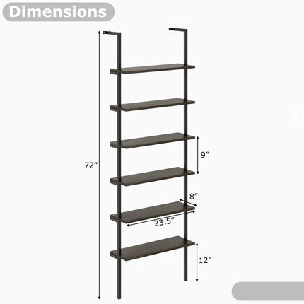 6-tier Ladder Shelf 72 Inches Industrial Wall Mounted Bookshelf-Oak - Gray - Bookcases
