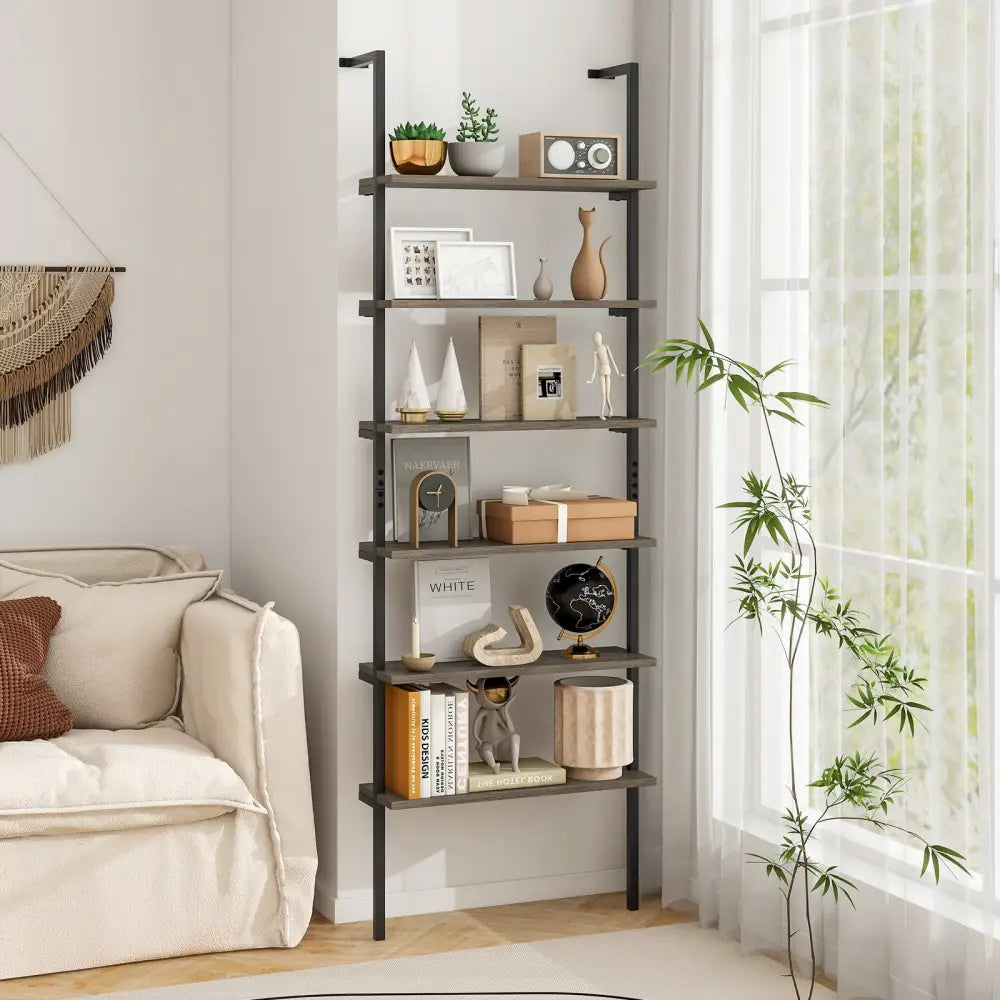 6-tier Ladder Shelf 72 Inches Industrial Wall Mounted Bookshelf-Oak - Gray - Bookcases