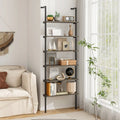 6-tier Ladder Shelf 72 Inches Industrial Wall Mounted Bookshelf-Oak - Gray - Bookcases