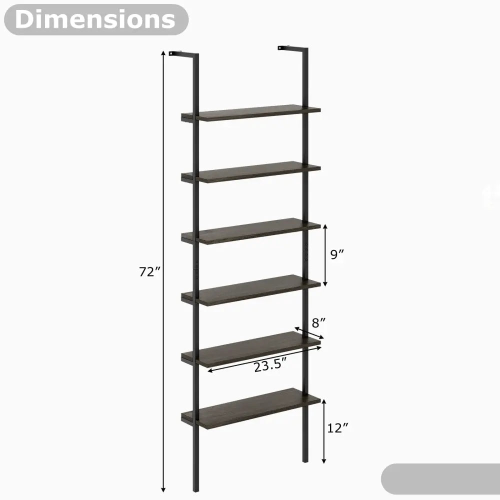 6-tier Ladder Shelf 72 Inches Industrial Wall Mounted Bookshelf-Oak - Gray - Bookcases
