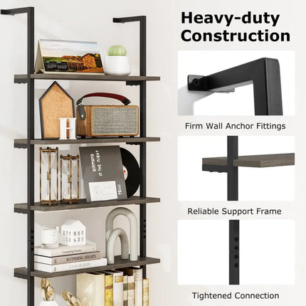 6-tier Ladder Shelf 72 Inches Industrial Wall Mounted Bookshelf-Oak - Gray - Bookcases