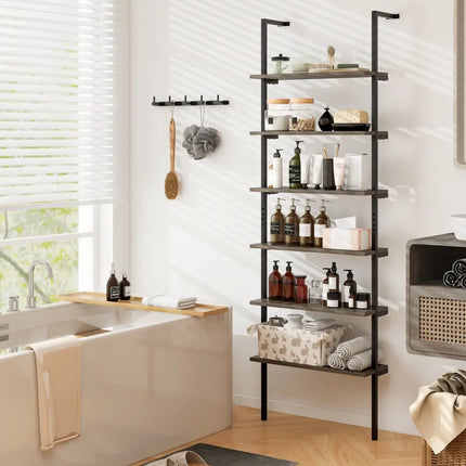 6-tier Ladder Shelf 72 Inches Industrial Wall Mounted Bookshelf-Oak - Gray - Bookcases