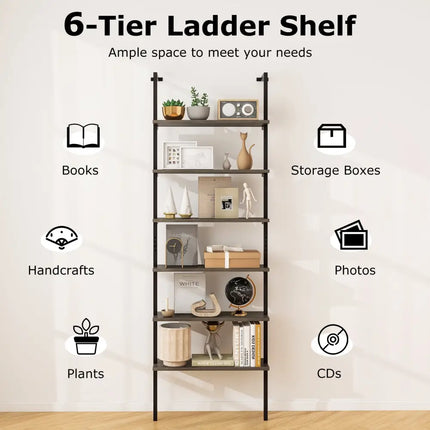 6-tier Ladder Shelf 72 Inches Industrial Wall Mounted Bookshelf-Oak - Gray - Bookcases
