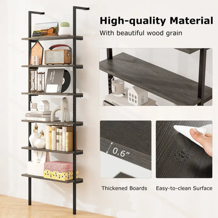 6-tier Ladder Shelf 72 Inches Industrial Wall Mounted Bookshelf-Oak - Gray - Bookcases