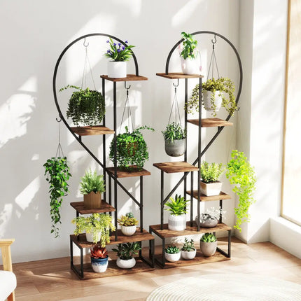 6-Tier Metal Plant Stand 2 Half-Heart-Shape Ladder Plant Shelves-Coffee - Coffee - Plant Stands