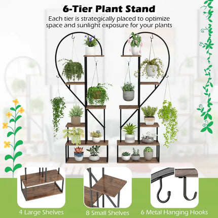 6-Tier Metal Plant Stand 2 Half-Heart-Shape Ladder Plant Shelves-Coffee - Coffee - Plant Stands