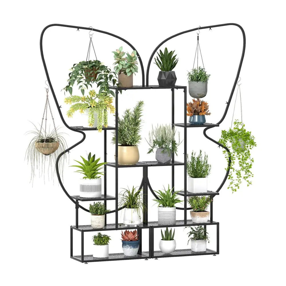 6-Tier Metal Plant Stand Ladder Display Rack with Hanging Hooks-Black - Black - Plant Stands
