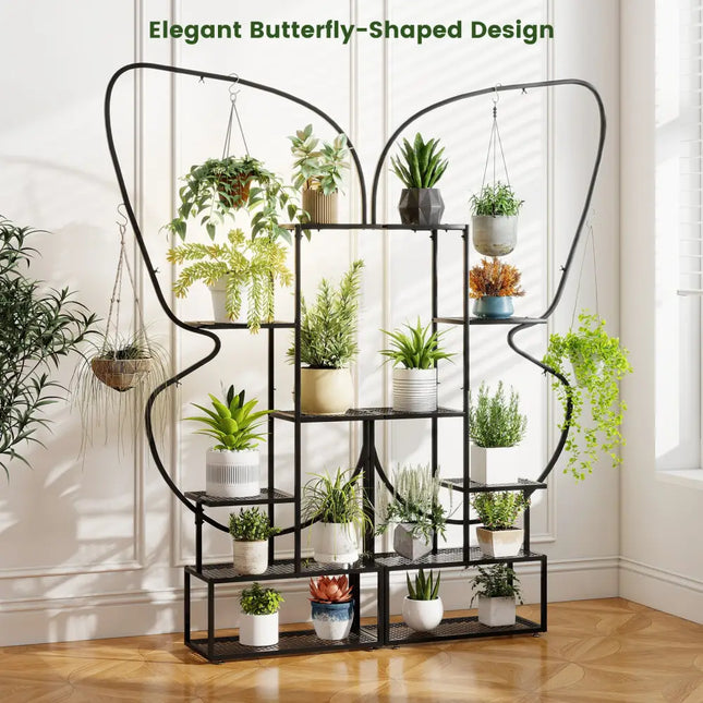 6-Tier Metal Plant Stand Ladder Display Rack with Hanging Hooks-Black - Black - Plant Stands