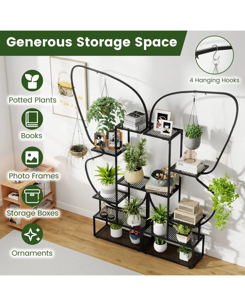 6-Tier Metal Plant Stand Ladder Display Rack with Hanging Hooks-Black - Black - Plant Stands