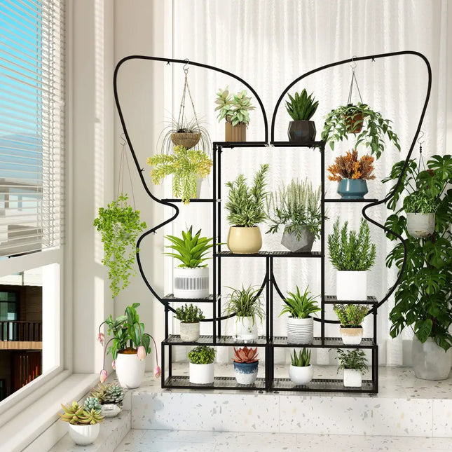 6-Tier Metal Plant Stand Ladder Display Rack with Hanging Hooks-Black - Black - Plant Stands