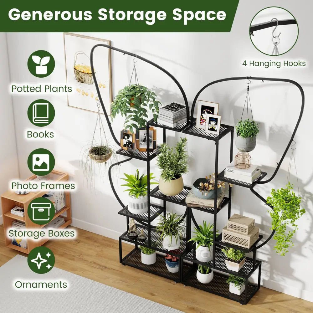 6-Tier Metal Plant Stand Ladder Display Rack with Hanging Hooks-Black - Black - Plant Stands