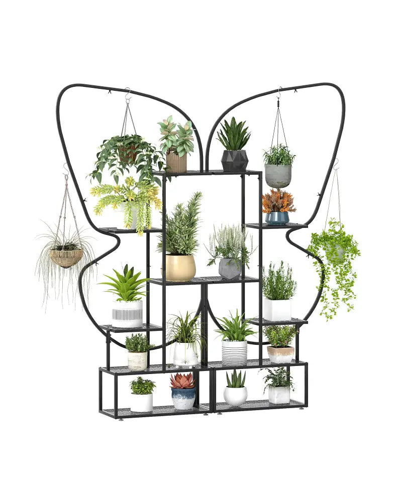 6-Tier Metal Plant Stand Ladder Display Rack with Hanging Hooks-Black - Black - Plant Stands