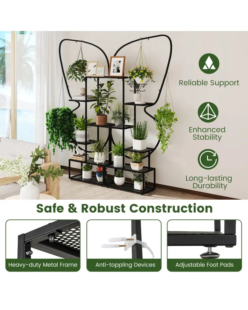 6-Tier Metal Plant Stand Ladder Display Rack with Hanging Hooks-Black - Black - Plant Stands