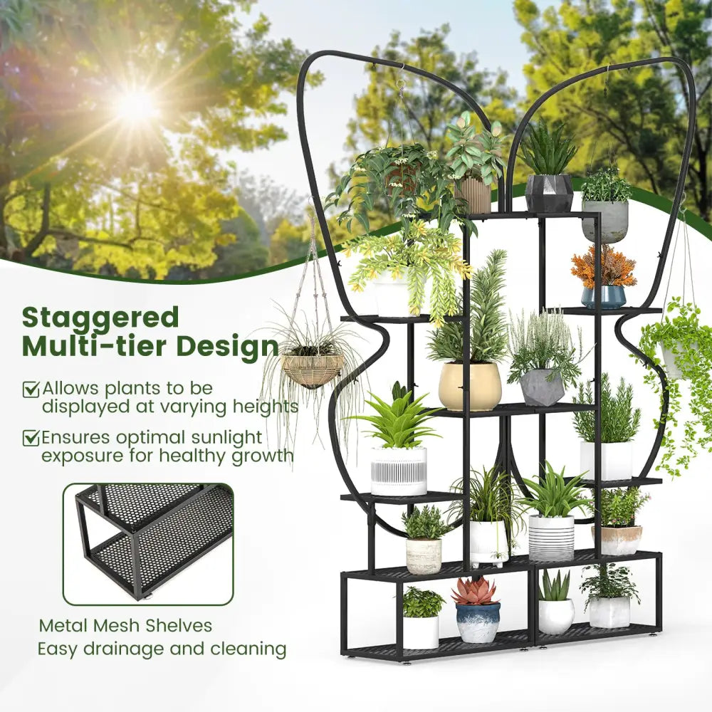6-Tier Metal Plant Stand Ladder Display Rack with Hanging Hooks-Black - Black - Plant Stands
