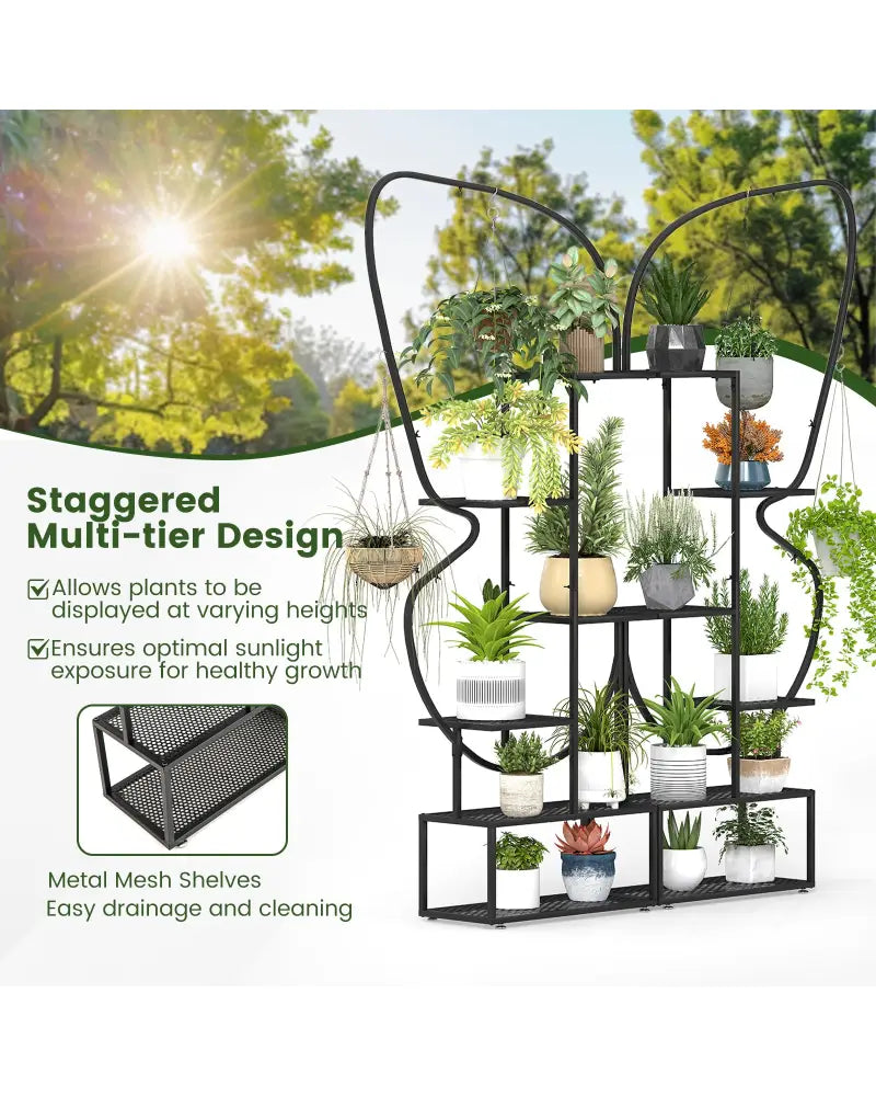 6-Tier Metal Plant Stand Ladder Display Rack with Hanging Hooks-Black - Black - Plant Stands