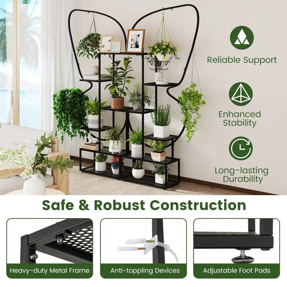 6-Tier Metal Plant Stand Ladder Display Rack with Hanging Hooks-Black - Black - Plant Stands