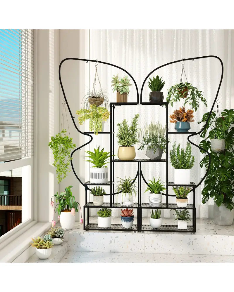 6-Tier Metal Plant Stand Ladder Display Rack with Hanging Hooks-Black - Black - Plant Stands