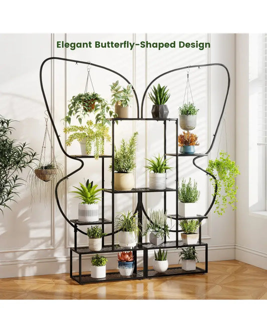 6-Tier Metal Plant Stand Ladder Display Rack with Hanging Hooks-Black - Black - Plant Stands
