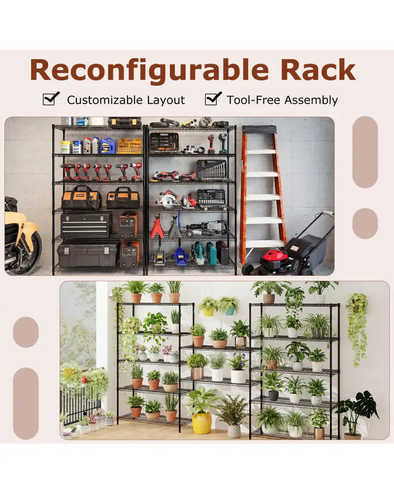 6-Tier Metal Storage Shelving Unit Set of 2 Adjustable Utility Shelf with V-Shaped Wire Rack-Black - Black - Garages