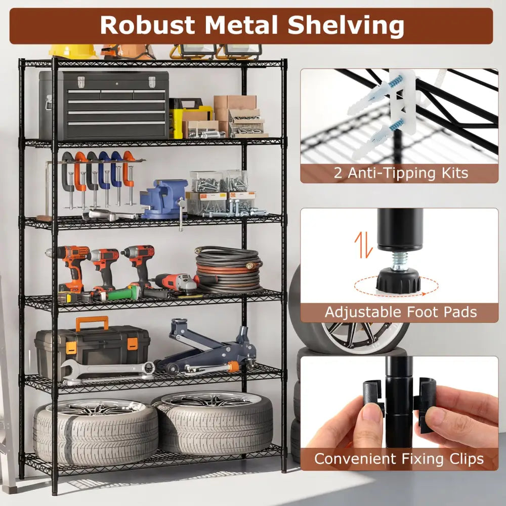 6-Tier Metal Storage Shelving Unit Set of 2 Adjustable Utility Shelf with V-Shaped Wire Rack-Black - Black - Garages