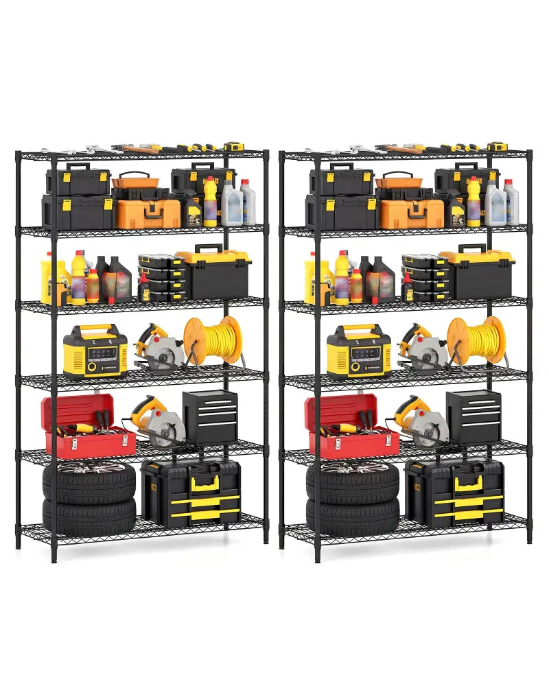 6-Tier Metal Storage Shelving Unit Set of 2 Adjustable Utility Shelf with V-Shaped Wire Rack-Black - Black - Garages