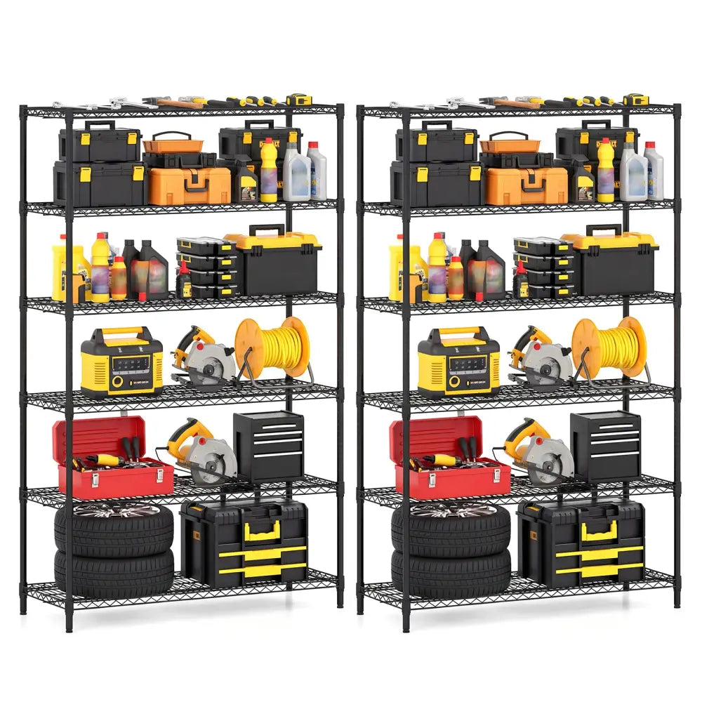 6-Tier Metal Storage Shelving Unit Set of 2 Adjustable Utility Shelf with V-Shaped Wire Rack-Black - Black - Garages