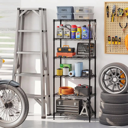 6-Tier Metal Storage Shelving Unit with V-Shaped Wire Rack and 900 LBS Capacity-Black - Black - Garages